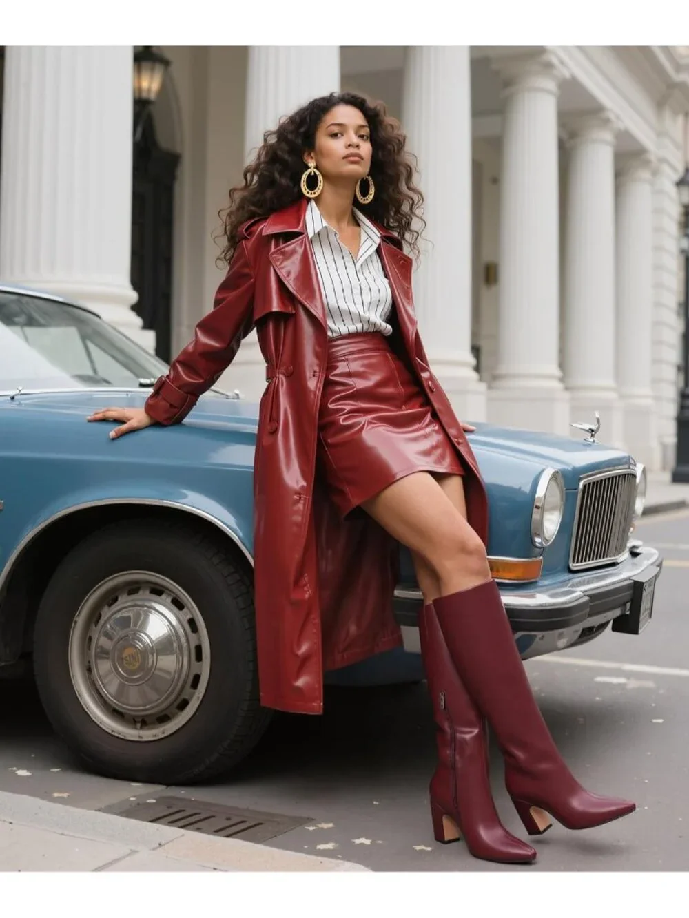 Women's Winered Faux Leather Comfortable Square Toe Chunky High Knee High Boots